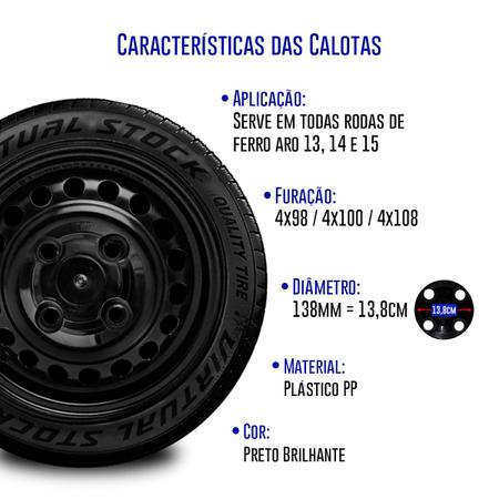 Imagem de Kit com 4 Calotas Centro Roda de Ferro Aro 13 14 15 Fiat Doblo Furação 4x100 Universal Preto
