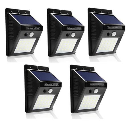 Imagem de Kit Com 5 Luminárias Solar 20 Leds Com Sensor De Presença Automático