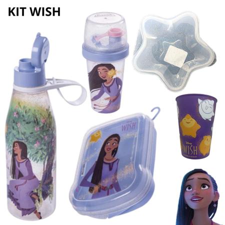 Imagem de Kit com 5 Peças Wish Disney Copo, Garrafa, Sanduicheira,Mini Shakeira e Porta Mix Lancheira Infantil