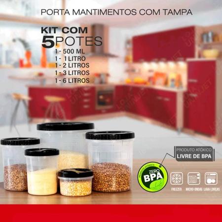 Imagem de Kit Com 5 Potes de Rosca Porta Mantimentos Jogo de Potes Plástico Grande Conjunto de Potes Para Armazenar Alimentos Com Tampa Preta Uninjet