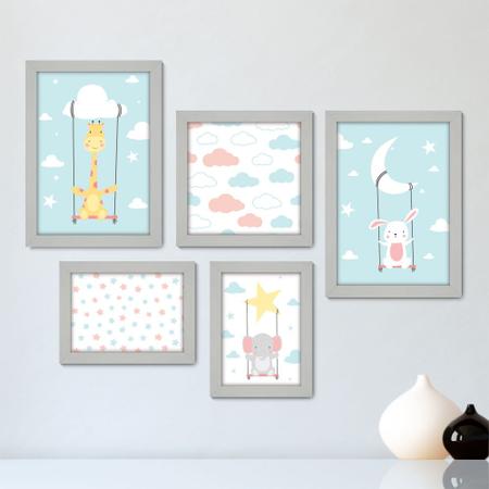 Imagem de Kit Com 5 Quadros Decorativos - Animais - Infantil - Baby - Bebê - Nuvens - Estrelas - 409kq01b