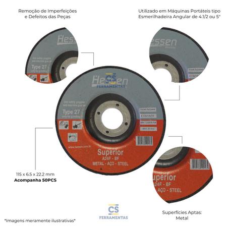 Imagem de Kit com 50 Disco de Desbaste Abrasivo 4.1/2 x 1/4 x 7/8  A24RBF Hessen