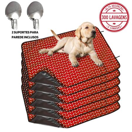 Imagem de Kit com 6 Fraldas de Cães p/Chão 100x70 Ossinho Vermelho c/Ganchos - 300 Lavagens - Alta Absorção