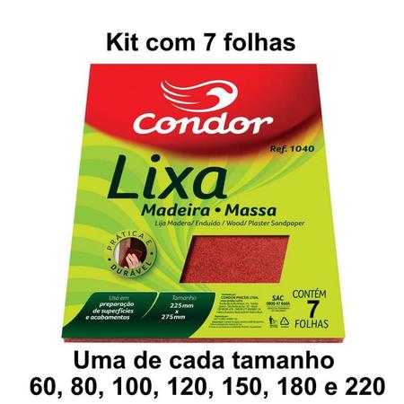 Imagem de Kit com 7 folhas Lixa para Madeira e Massa Condor (60 a 220)