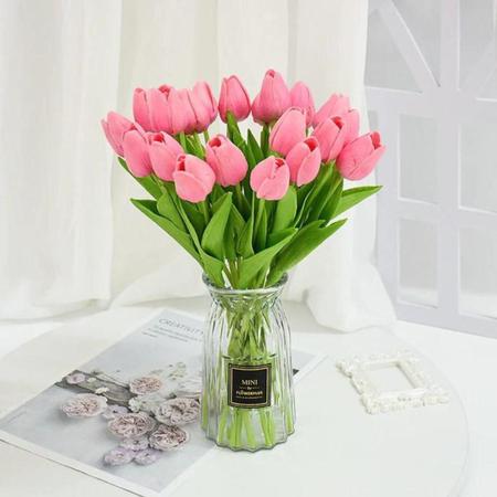 Imagem de Kit com 9 tulipas rosa flores delicadas buque folhagem luxo