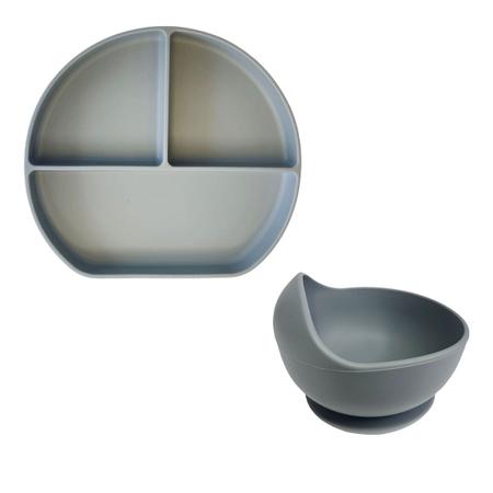 Imagem de Kit com Pratinho e Bowl em Silicone com Ventosa Divisórias para Introdução Alimentar Bebê Infantil 