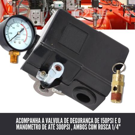 Imagem de Kit Com Pressostato 100/140 Psi 4 Vias Válvula E Manômetro