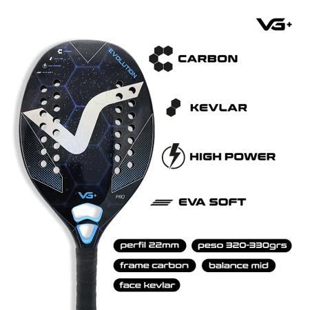 Imagem de Kit com Raquete Beach Tennis Evolution Kevlar Carbon, 3 Bolas e 1 Mochila de Transporte VG Plus