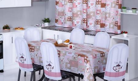 Imagem de Kit Completo para Cozinha 14 Peças Cortina 2m + Toalha de Mesa 12 Lugares + Capas de Cadeira Tubular Estampa Divertida