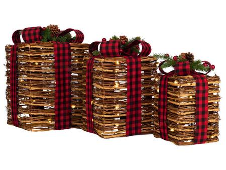 Imagem de Kit Conj 3 Caixas Presente Decoração Enfeite Natal Em Rattan Com LED Laço Com Arranjo Frutas Pinhas e Folhagens