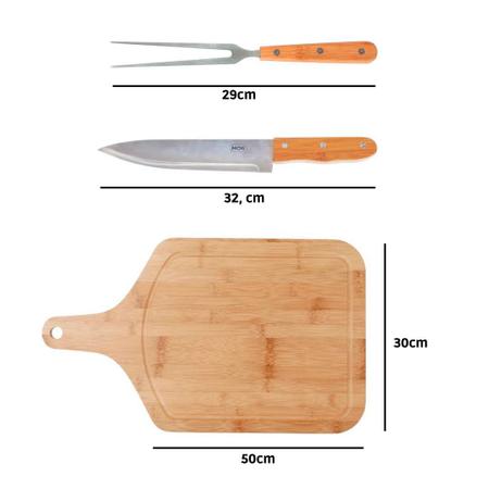Imagem de Kit conjunto churrasco tabua faca garfo 3 peças bamboo mor