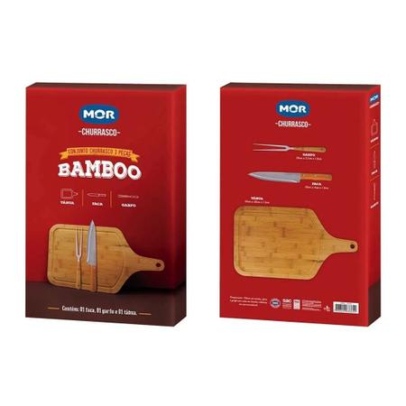 Imagem de Kit conjunto churrasco tabua faca garfo 3 peças bamboo mor