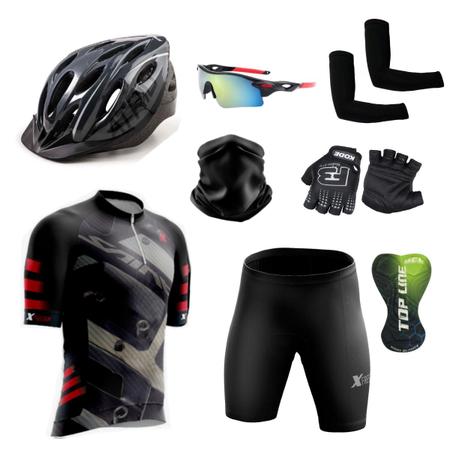 Imagem de Kit Conjunto Ciclismo Camisa e Bermuda + Capacete de Ciclismo C/ Luz LED + Luvas de Ciclismo + Óculos Esportivo +  Par de Manguitos + Bandana