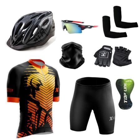 Imagem de Kit Conjunto Ciclismo Camisa e Bermuda + Capacete de Ciclismo C/ Luz LED + Luvas de Ciclismo + Óculos Esportivo +  Par de Manguitos + Bandana