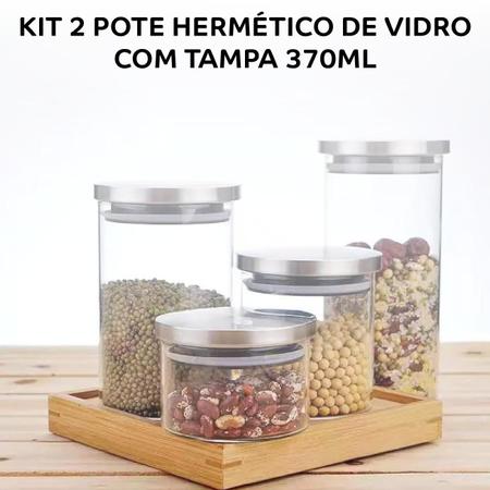 Imagem de Kit conjunto com 2 potes porta alimentos hermeticos vidro boro tampa inox 370ml mimo style