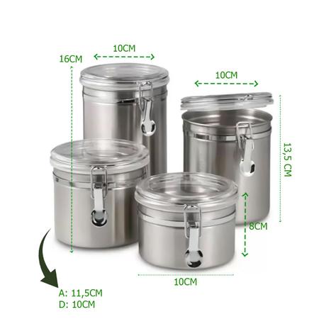 Imagem de Kit Conjunto De 4 Potes Herméticos Aço Inox Tampa De Acrílico Para Mantimentos/Alimentos