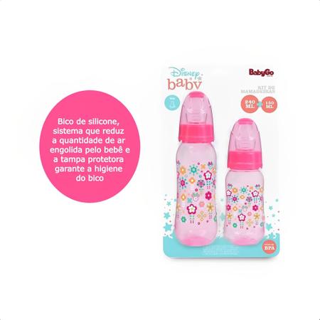 Imagem de Kit Conjunto Mamadeiras 240ml + 150ml Bico De Silicone E Tampa Protetora Rosa Baby Go - 03187