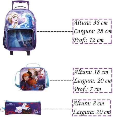 Imagem de Kit Conjunto Mochila Escolar Infantil Frozen 2 Rodinha Carrinho Menina Lancheira Térmica Potinho Garrafinha Estojo Olaf Dermiwil