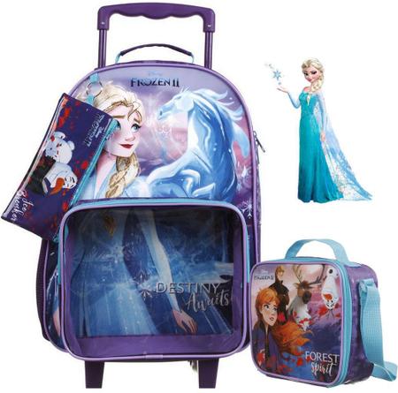 Imagem de Kit Conjunto Mochila Escolar Infantil Frozen 2 Rodinha Carrinho Menina Lancheira Térmica Potinho Garrafinha Estojo Olaf Dermiwil