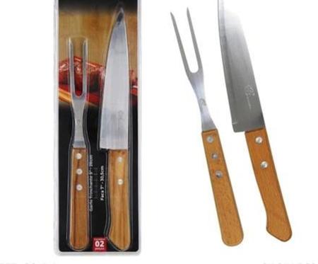 Imagem de Kit conjunto para churrasco faca e garfo em aço inox cabo de madeira
