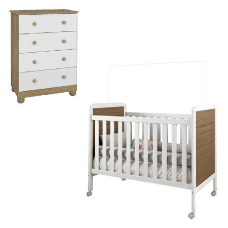 Imagem de Kit Conjunto Quarto Infantil Bebê Berço Mini Cama Cômoda Gaveteiro 4 Gavetas Branco e Marrom