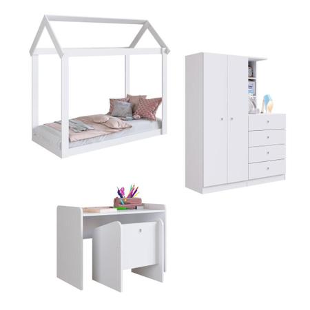 Imagem de Kit Conjunto Quarto Infantil Cama Montessoriana Guarda Roupa Gaveteiro Mesa e Poltrona Quarto Branco