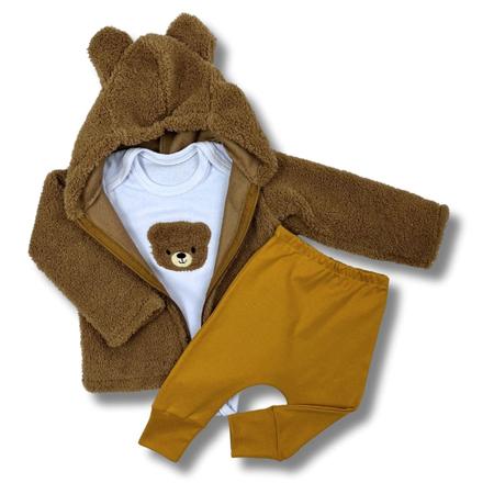 Imagem de Kit Conjunto Roupa Bebê Menino Menina Casaco Ted com Body Manga Longa e Calça Suedine Ursinho Fofinho vc20047