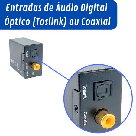 Imagem de Kit Conversor de Áudio Digital Óptico para RCA Analógico com Cabos RCA-P2 e Óptico Toslink