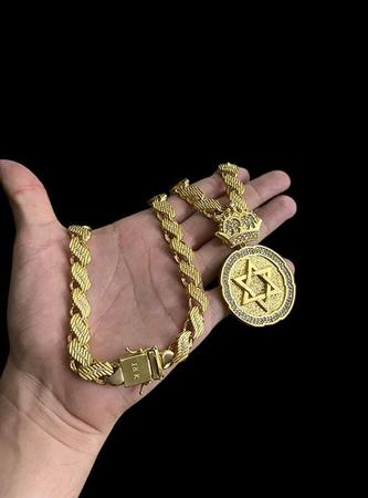 Imagem de Kit cordão friso s 13mm cravejado + pulseira + pingente personalizado estrela de davi - banhado a ouro 18k
