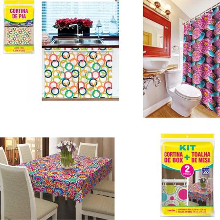 Imagem de Kit cortina box + cortina de pia + toalha de mesa - 3 peças
