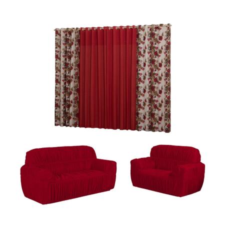 Imagem de Kit cortina florata + capa de sofá elasticada 3 e 2 lugares