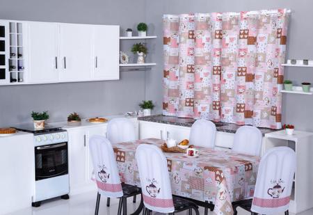 Imagem de Kit Cozinha Completa 10 Peças Cortina 2m Toalha de Mesa 8 Lugares Capa de Cadeira Tubular Estampada Bule Rosa