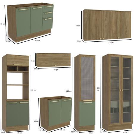 Kit Cozinha Completa Modulada Balcão Para Pia Armário Paneleiro Cristaleira  Marrom Madeira Verde