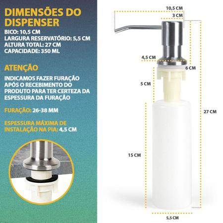 Imagem de Kit Cozinha Dispenser Dosador Detergente Embutir Inox 350ml + 2 Porta Esponja Bucha Pia Inox