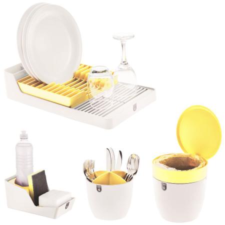 Imagem de Kit Cozinha Escorredor Louças + Porta Talheres + Organizador Pia + Lixeira - Branco Crippa