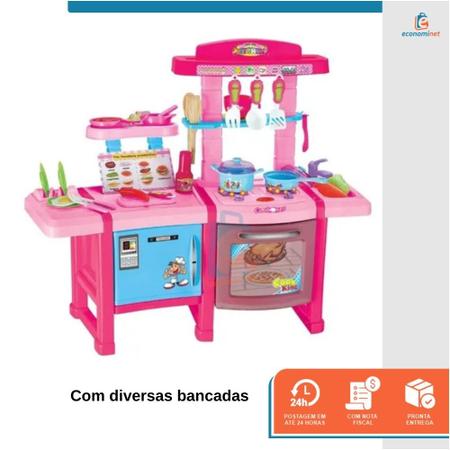 Imagem de Kit Cozinha Faz de Conta Brinquedo Infantil Interativo Menina Geladeira Fogão Luz Cozinhar Fogo