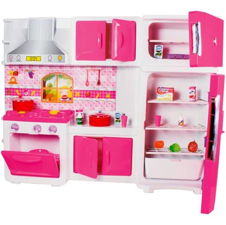 Jogo De Cozinha Barbie Meninas Rosa Grande Kit Completa Luxo Geladeira  Fogao Panelinhas Luzes Infantil Armário