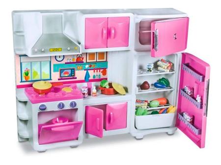 Jogo De Cozinha Barbie Meninas Rosa Grande Kit Completa Luxo Geladeira  Fogao Panelinhas Luzes Infantil Armário