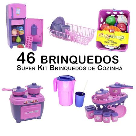 Imagem de Kit Cozinha Infantil Geladeira Fogão Panela Escorredor 43Pç