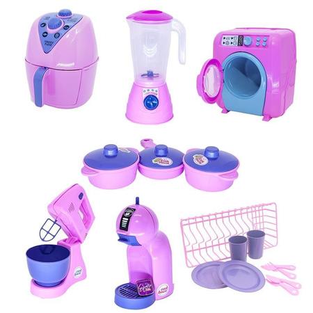 Imagem de Kit Cozinha Infantil Rosa Air Fryer Panela Máquina Lavar 18P