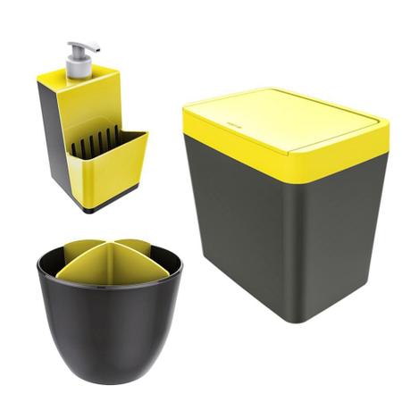 Imagem de Kit Cozinha Pia Porta Dispenser Detergente + Lixeira 5L + Escorredor Talheres - Chumbo  Crippa