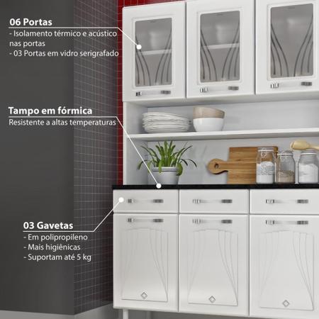 Imagem de Kit Cozinha Star 3 Portas de Vidro 3 Gavetas em Aço - Branco - Telasul