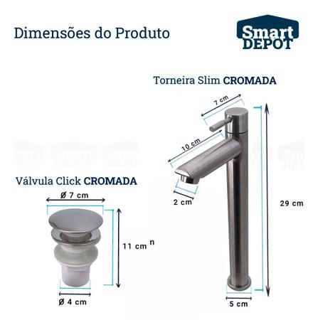 Imagem de Kit Cuba Para Banheiro Slim 40x30cm Retangular Com Torneira E Válvula Click Cromado Pia Lavatório Lavabo Sanit Smart Depot