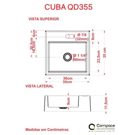 Imagem de Kit Cuba Q355 C/Torneira 1198 Metal + Válvula Click 1 1/2'' (04cm) + Sifão Pvc + Flexível