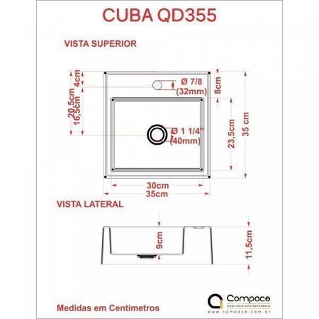 Imagem de Kit Cuba Q355 com Torneira 1198 Metal e Válvula Click 1 Polegada B e Sifão Pvc e Flexível Compace