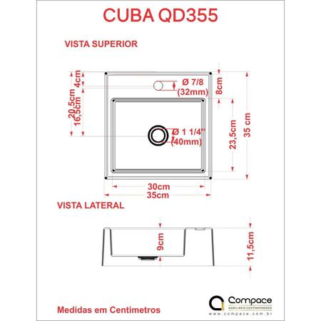 Imagem de Kit Cuba Q355 Torneira Luxo 1195 Metal Válvula Click 1 Polegada B Sifão Cromado Flexível Compace