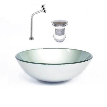 Kit Cuba Vidro Redonda 35cm Torneira + Válvula Prata - Cubas e Gabinetes Imagem de Kit Cuba Vidro Redonda 35cm Torneira + Válvula Prata