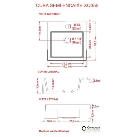 Imagem de Kit Cuba XQ355 com Torneira Luxo 1195 Metal e Válvula Click 1"B com Sifão Cromado e Flexível Compace