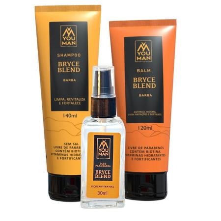 Imagem de kit da linha Bryce Blend da You Man: shampoo fortificante + balm + óleo para barba