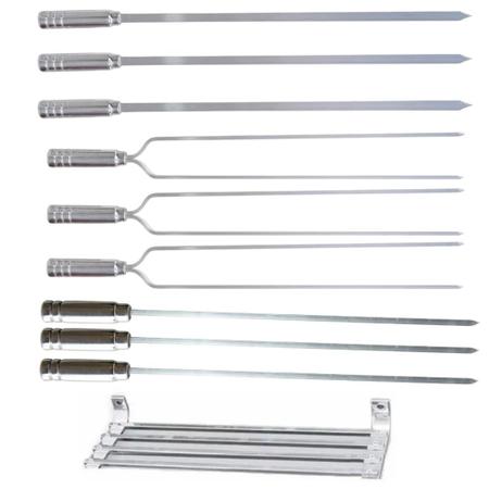 Imagem de Kit de 9 Espetos Para Churrasco Com Cabo de Alumínio Polido Churrasco Alumínio 60CM + SUPORTE 20CM